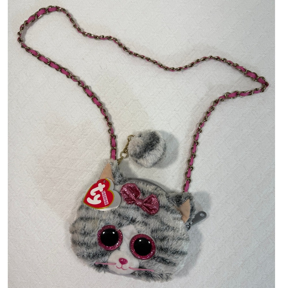 Ty Purse Crossbody Kids Kiki the Cat Gray Plush Beanie Boos Glitter Eyes NEW